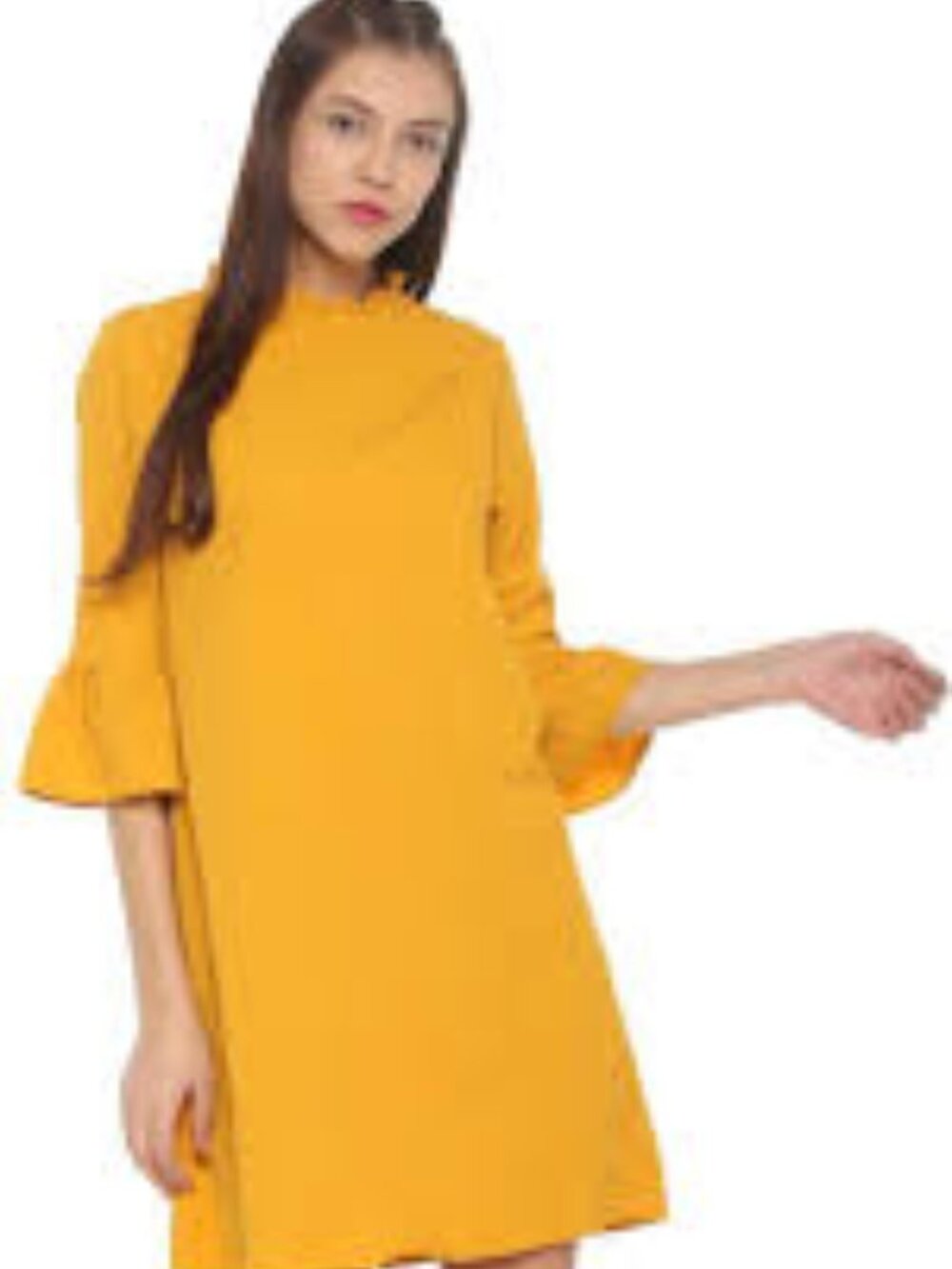 Fleur Bleue Mustard Mini Shift Dress, bow detail back and Bell Sleeve, Size 4